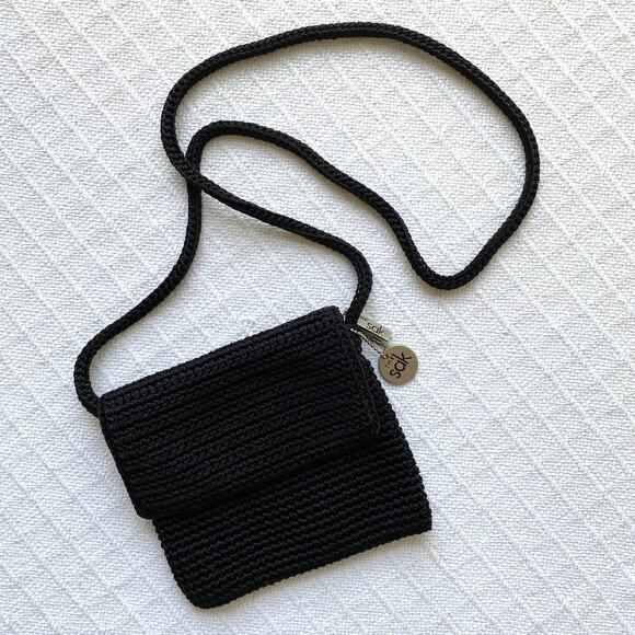 The Sak Black Crochet Mini Shoulder Bag Small Crossbody Purse Foldover Zip Y2K - Picture 1 of 11